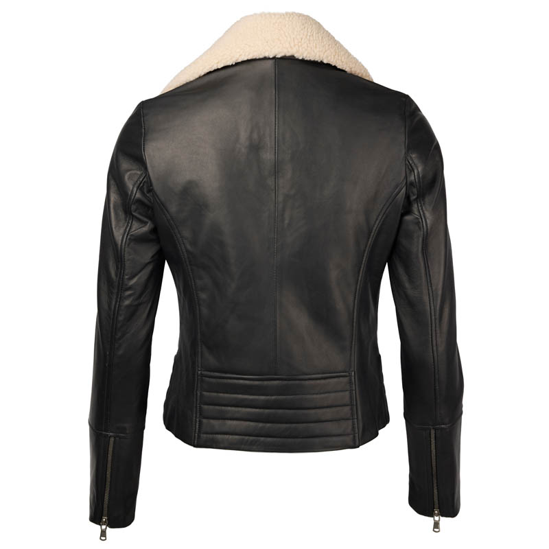 women's leather aviator bomber jacket with removable fleece trim collar reverse back